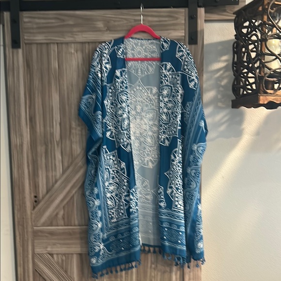 Other - NWOT Blue and White Swim Coverup with‎ Flowing Design with Fringe